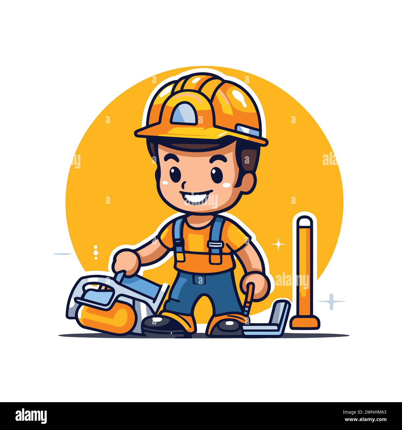 Simpatico lavoratore di cartoni animati con utensili da costruzione. Illustrazione vettoriale. Illustrazione Vettoriale