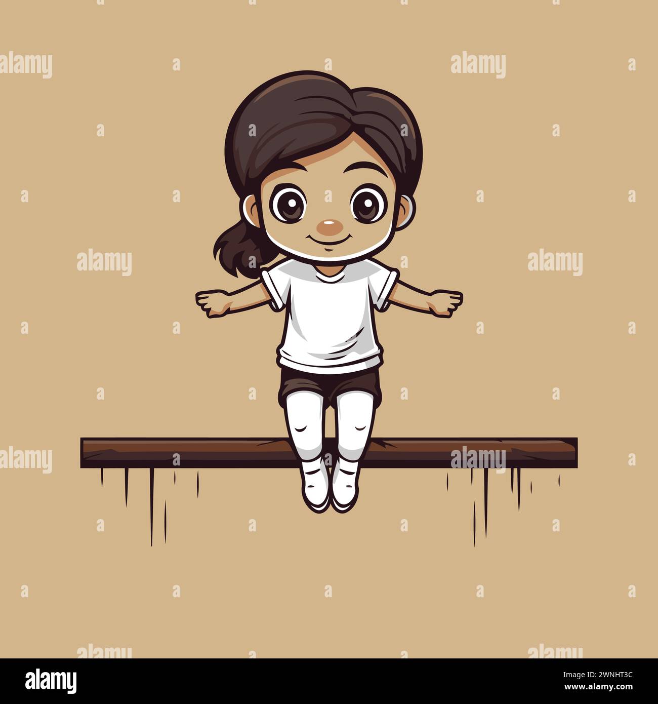 Una bambina carina che salta su una piattaforma di legno. Illustrazione vettoriale. Illustrazione Vettoriale