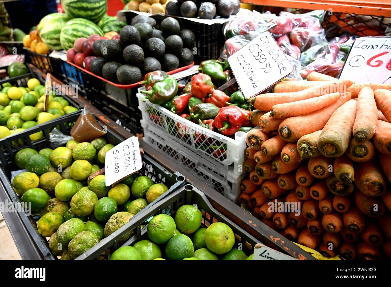 SAN JOSE, COSTA RICA: Le bancarelle del mercato centrale di San José sono piene di un'ampia varietà di merci e prodotti alimentari da tutto il paese. Foto Stock