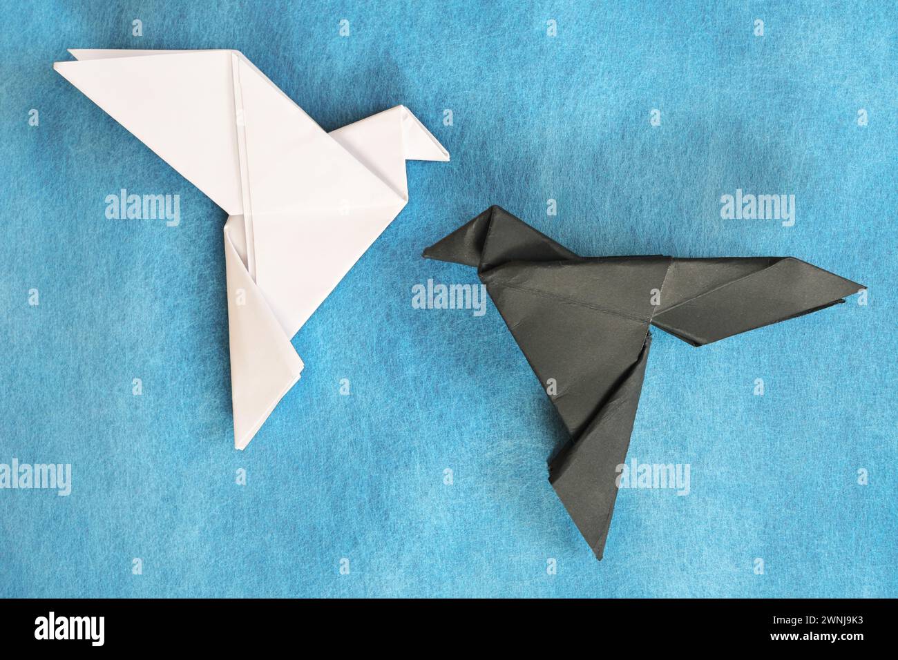 Origami bianco e nero corvino su sfondo blu. Il bene e il male, affrontano la paura e il concetto opposto di attrazione. Foto Stock