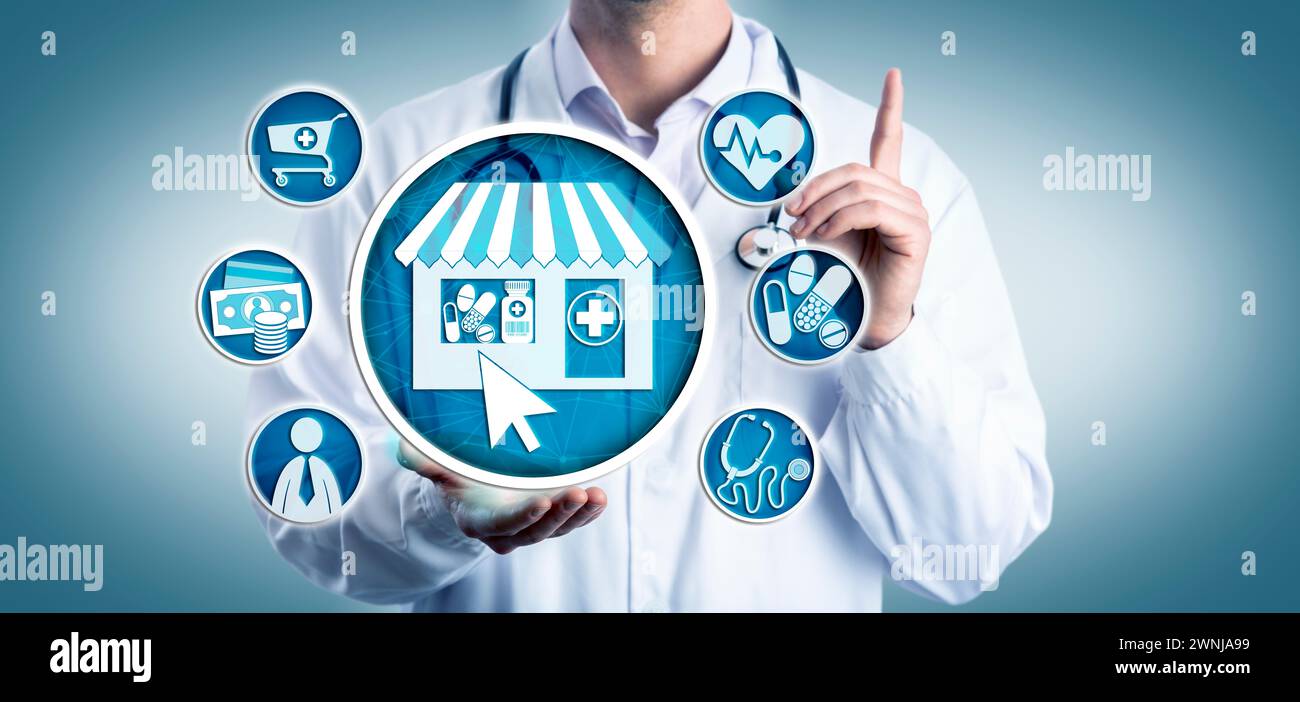 Il cardiologo irriconoscibile sta attirando l'attenzione sul settore dell'assistenza sanitaria al dettaglio. Metafora della tecnologia dell'informazione e dell'assistenza sanitaria per un accesso primario online accessibile Foto Stock