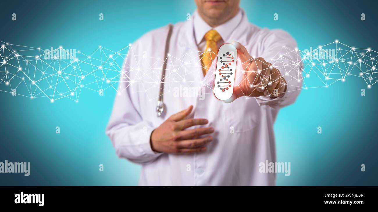 Il medico irriconoscibile sta offrendo un farmaco personalizzato tramite farmacogenomica. Concetto di assistenza sanitaria per farmaci di precisione, medicina personalizzata Foto Stock