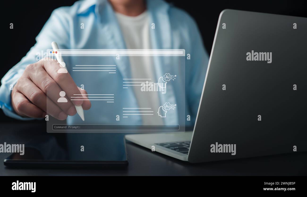 Uomo d'affari che chatta con un'intelligenza artificiale intelligente utilizzando un chatbot di intelligenza artificiale sviluppato da OpenAI, Chat GPT Concept, Artificial Intelligence System su Foto Stock