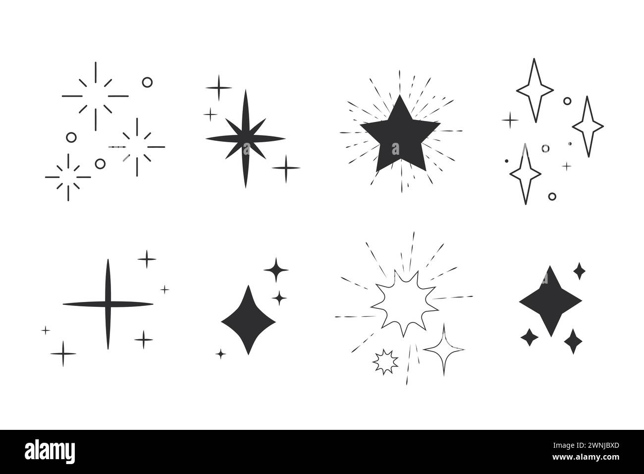 La stella celeste batte lo scarabocchio, il contorno illumina i fuochi d'artificio, l'esplosione delle feste isolata su sfondo bianco. Stella stellare magica dorata. Illustrazione vettoriale Illustrazione Vettoriale