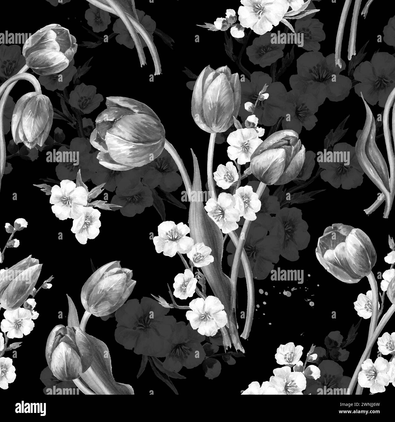 Tulipani rossi e fiori primaverili. Motivo monocromatico ad acquerello senza cuciture disegnato a mano su sfondo nero Foto Stock