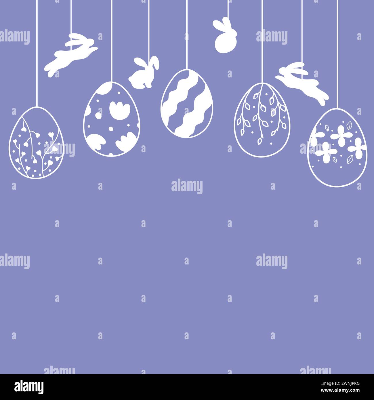 Cartolina di Pasqua con ghirlanda di uova e coniglietti d'epoca su sfondo blu con posto per il testo. Illustrazione Vettoriale