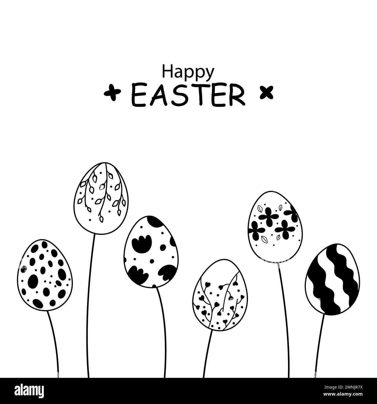 Carta Doodle per la decorazione di Pasqua. Silhouette di uova di Pasqua che crescono come fiori in stile vintage Illustrazione Vettoriale