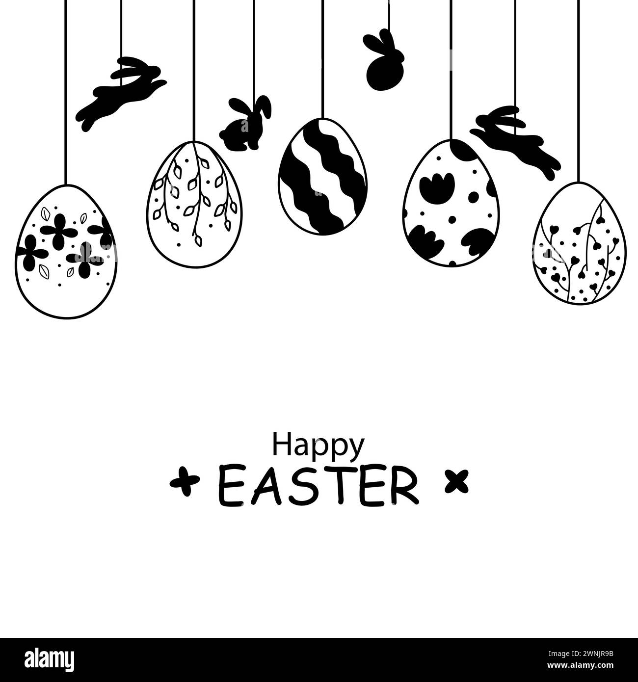 Cartolina di Pasqua con ghirlanda di uova e coniglietti d'epoca su sfondo bianco con posto per il testo. Illustrazione Vettoriale