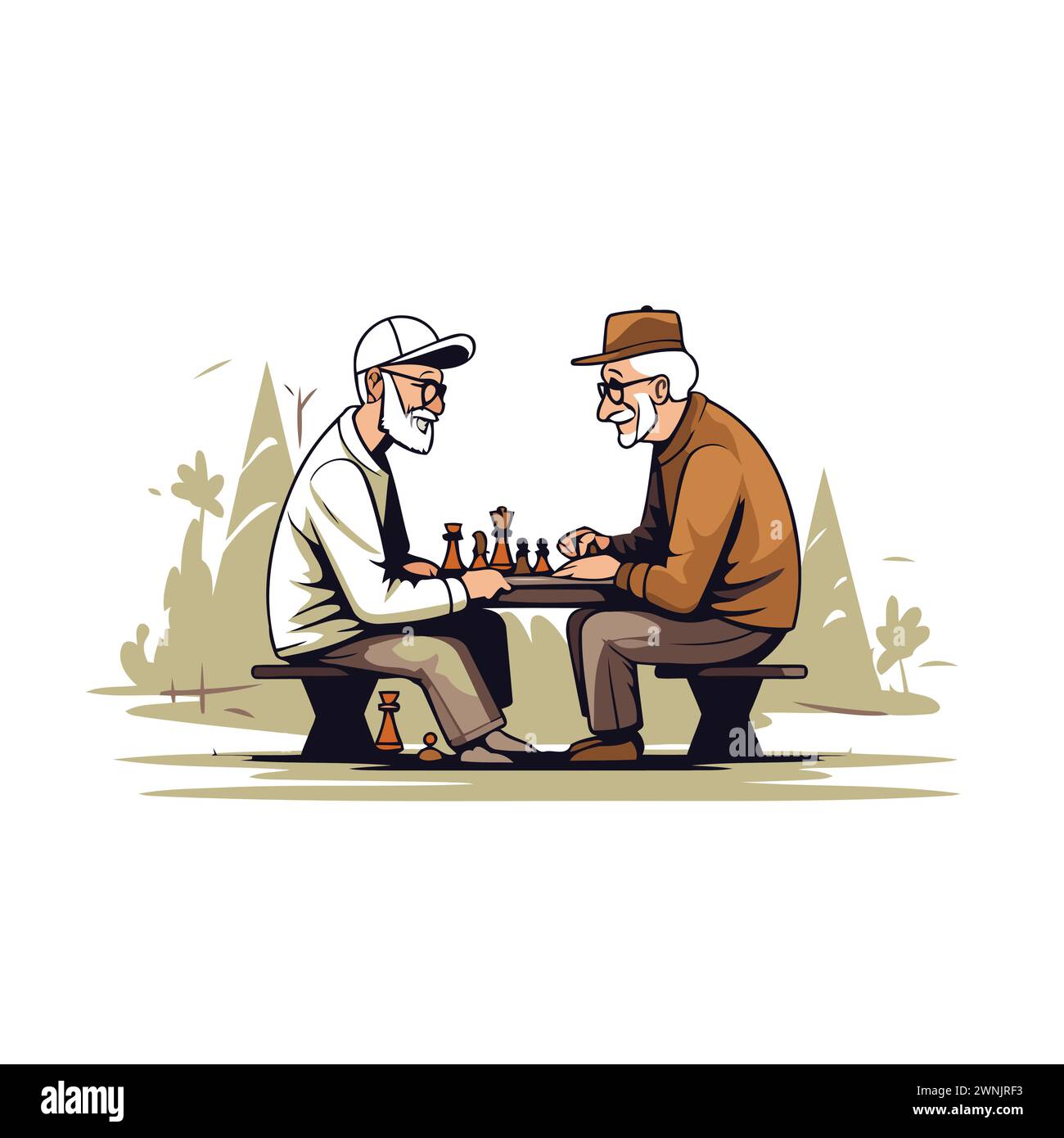 Due vecchi che giocano a scacchi nel parco. Illustrazione vettoriale in stile cartone animato. Illustrazione Vettoriale