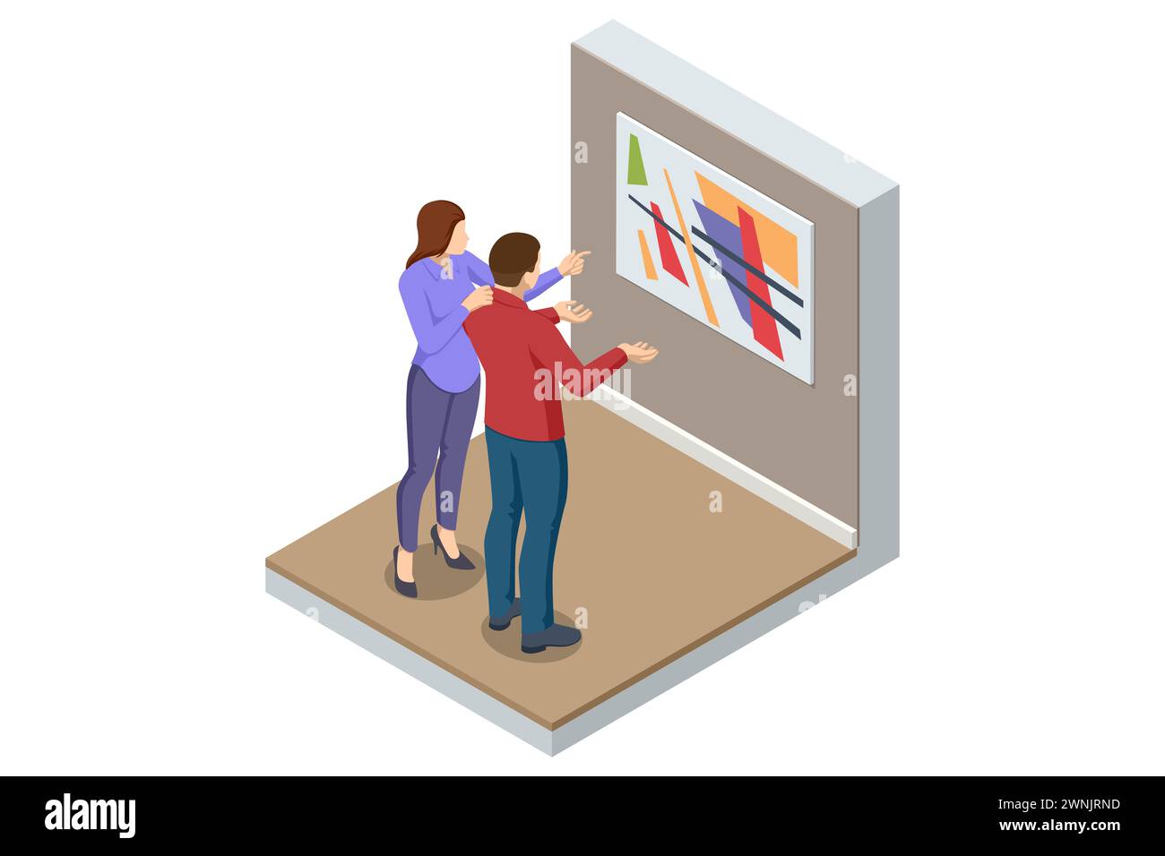 Isometric un uomo e una donna in una galleria d'arte che guarda un dipinto. Arte moderna, un museo d'arte. Sala all'interno del museo con opere d'arte e visitatori. Illustrazione Vettoriale