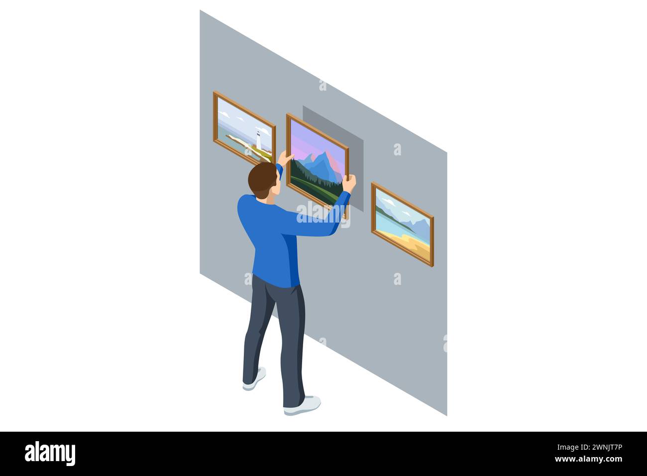 Isometric un uomo che appende un quadro sul muro. Arte moderna, un museo d'arte. Sala all'interno del museo con opere d'arte e visitatori. Illustrazione Vettoriale