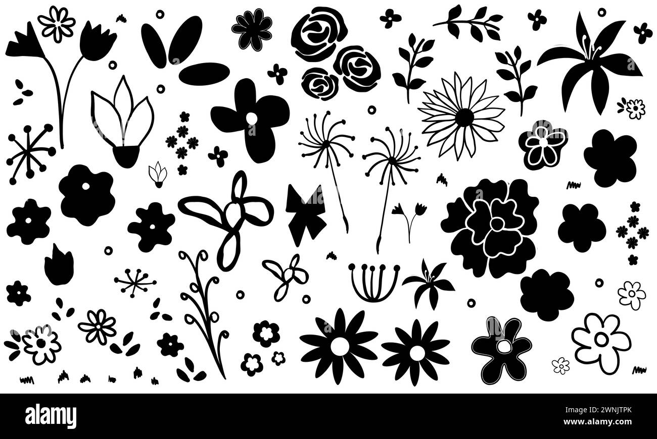 Elementi di design per striscioni a fiori con silhouette nera Illustrazione Vettoriale