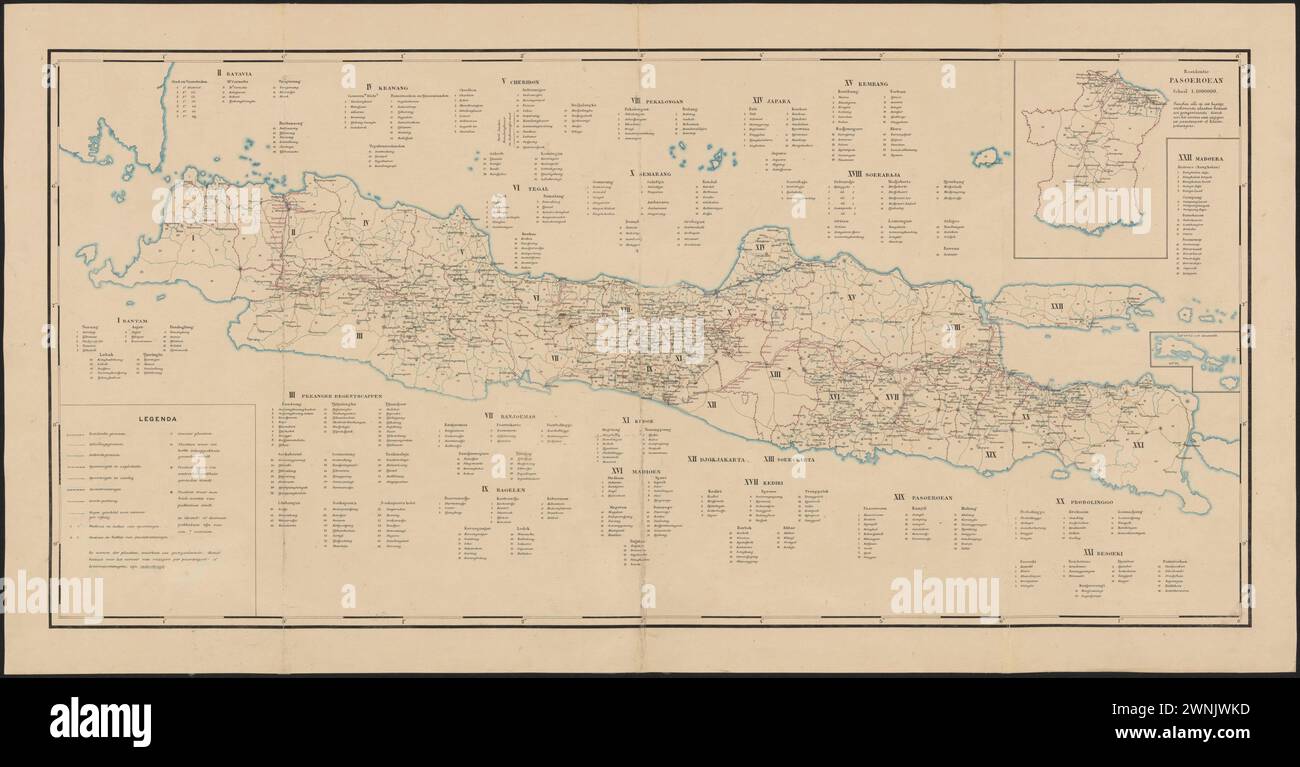 Mappa dei distretti e delle regioni di Giava del XIX secolo Foto Stock