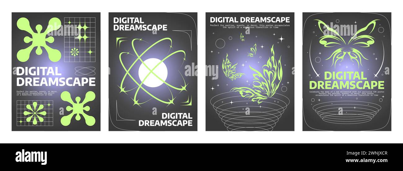 Set di volantini flashback futuristici e retrò. Illustrazione vettoriale realistica di poster retroWave con elegante decorazione boho, farfalla verde che si illumina su bla Illustrazione Vettoriale