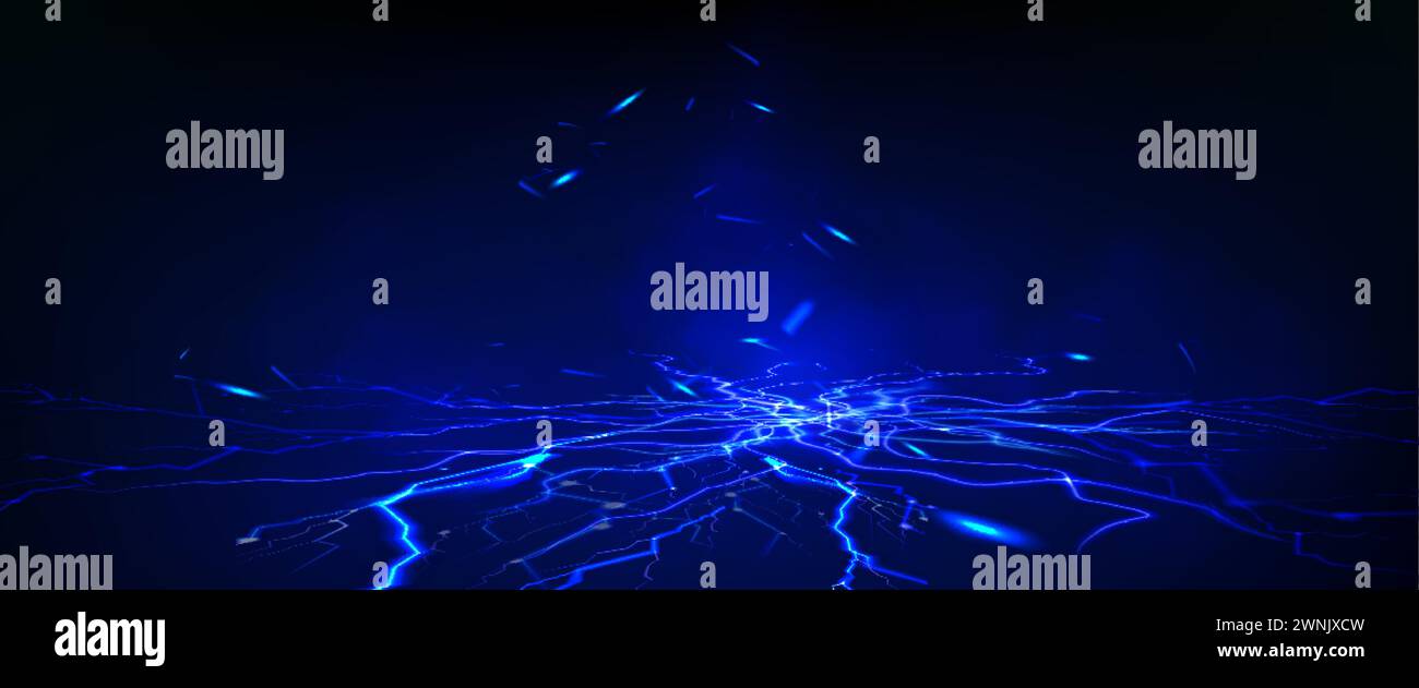 Incrinature della luce astratta a terra. Illustrazione vettoriale realistica di fori blu che si illuminano su sfondo nero, nebbia e particelle scintillanti, elettrica disch Illustrazione Vettoriale