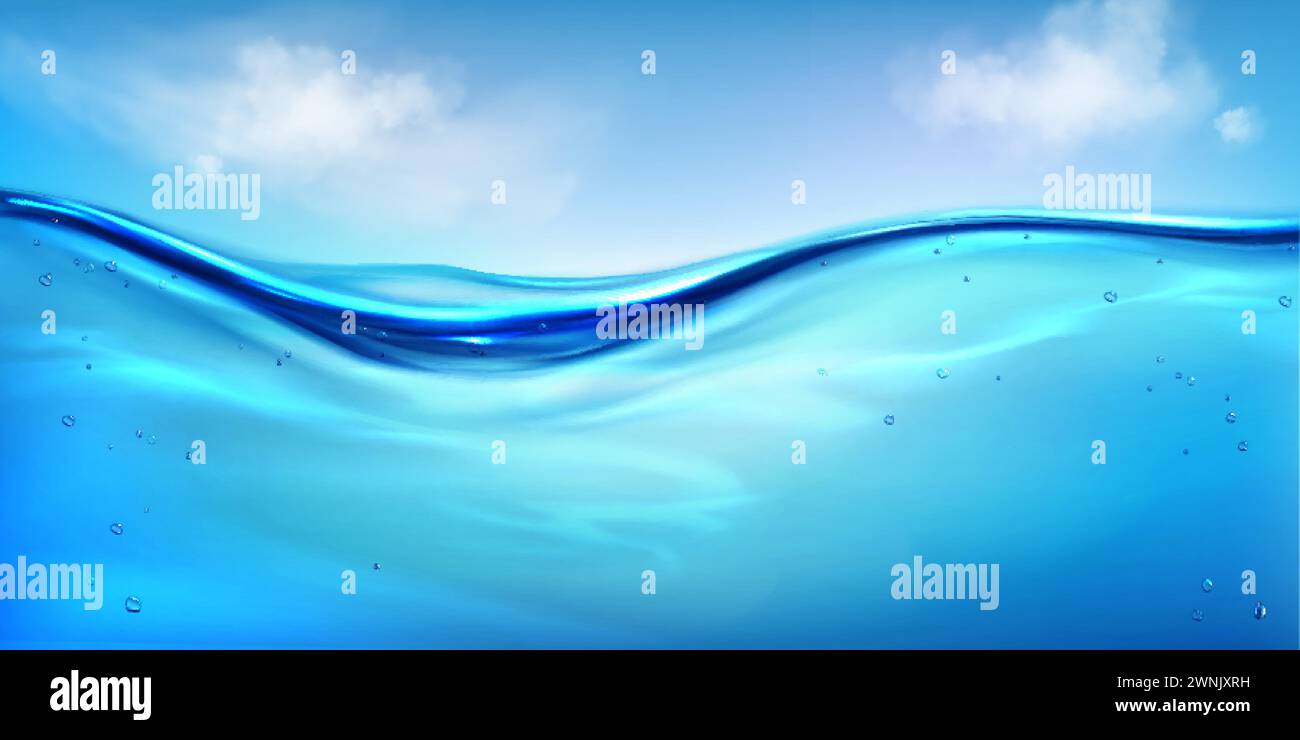 Sfondo sott'acqua e cielo blu. Illustrazione vettoriale realistica di mare, oceano, fiume, acqua di lago, bolle d'aria sotto la linea di galleggiamento con trasparente trasparente Illustrazione Vettoriale