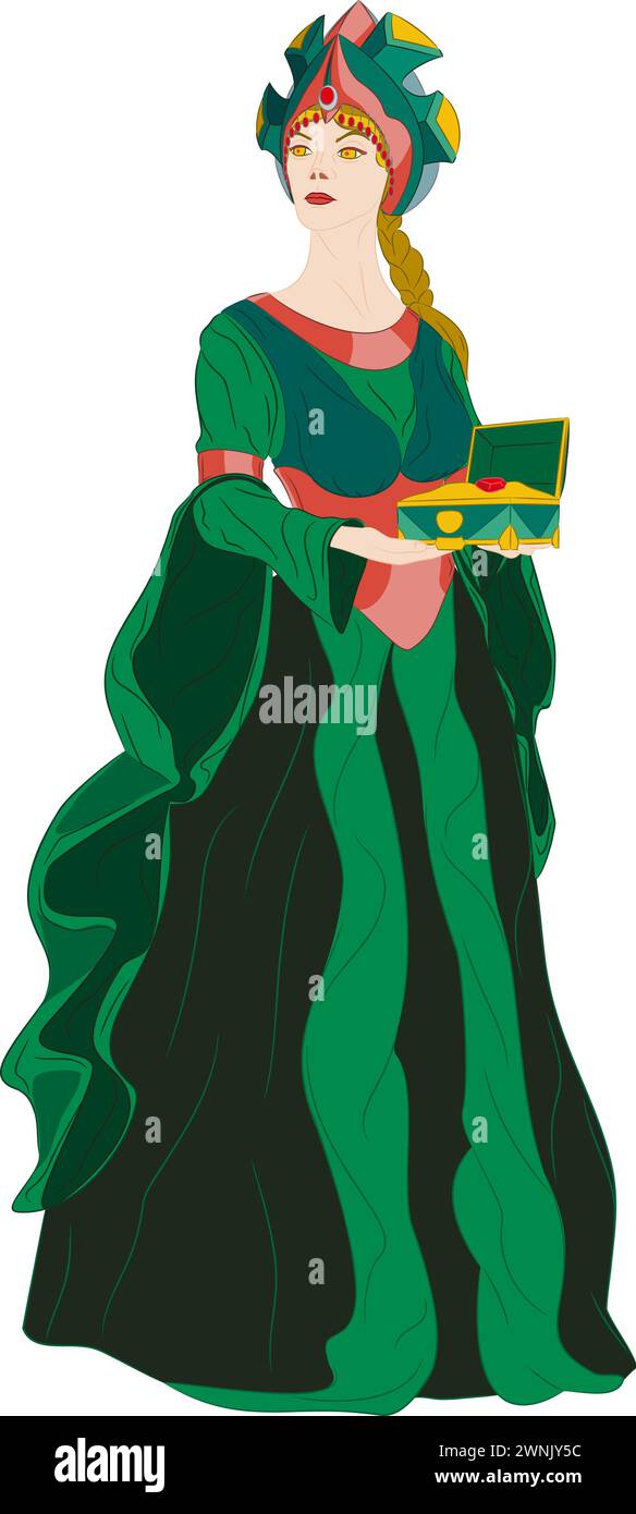 Padrona della montagna di rame con una scatola Malachite. Illustrazione vettoriale di donna con una corona sulla testa in un abito verde a maniche lunghe Illustrazione Vettoriale