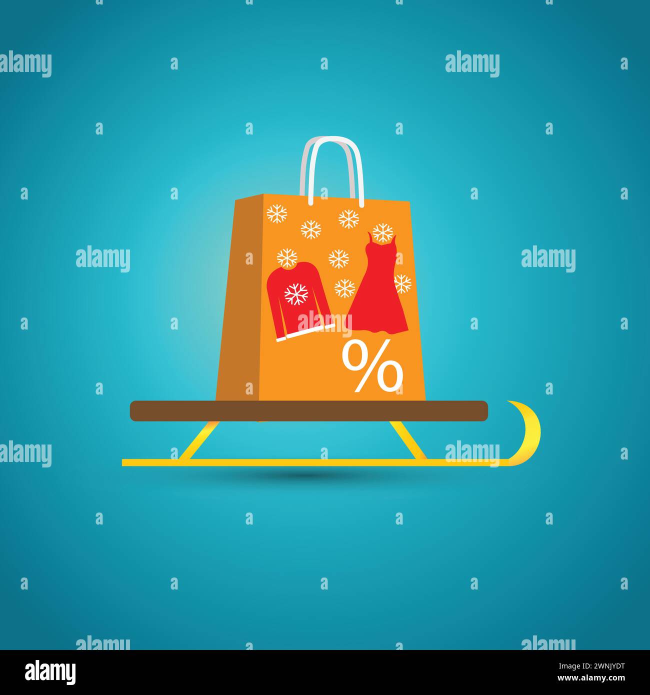 Slitta con borsa della spesa con giacca da sci e simbolo di vendita, concetto di vendita invernale Illustrazione Vettoriale