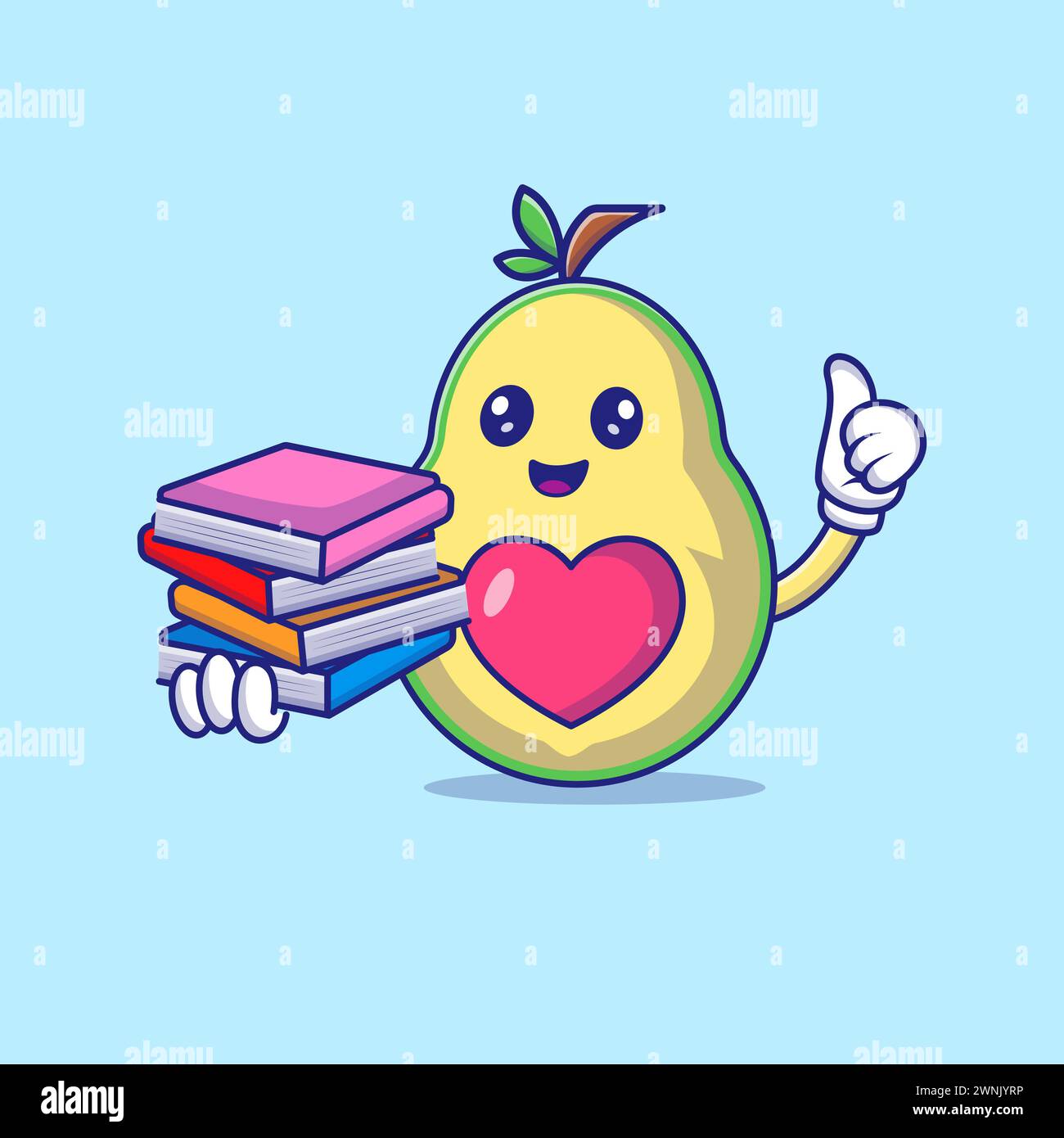 Carino avocado che tiene in mano libri illustrazione dell'icona vettoriale Illustrazione Vettoriale