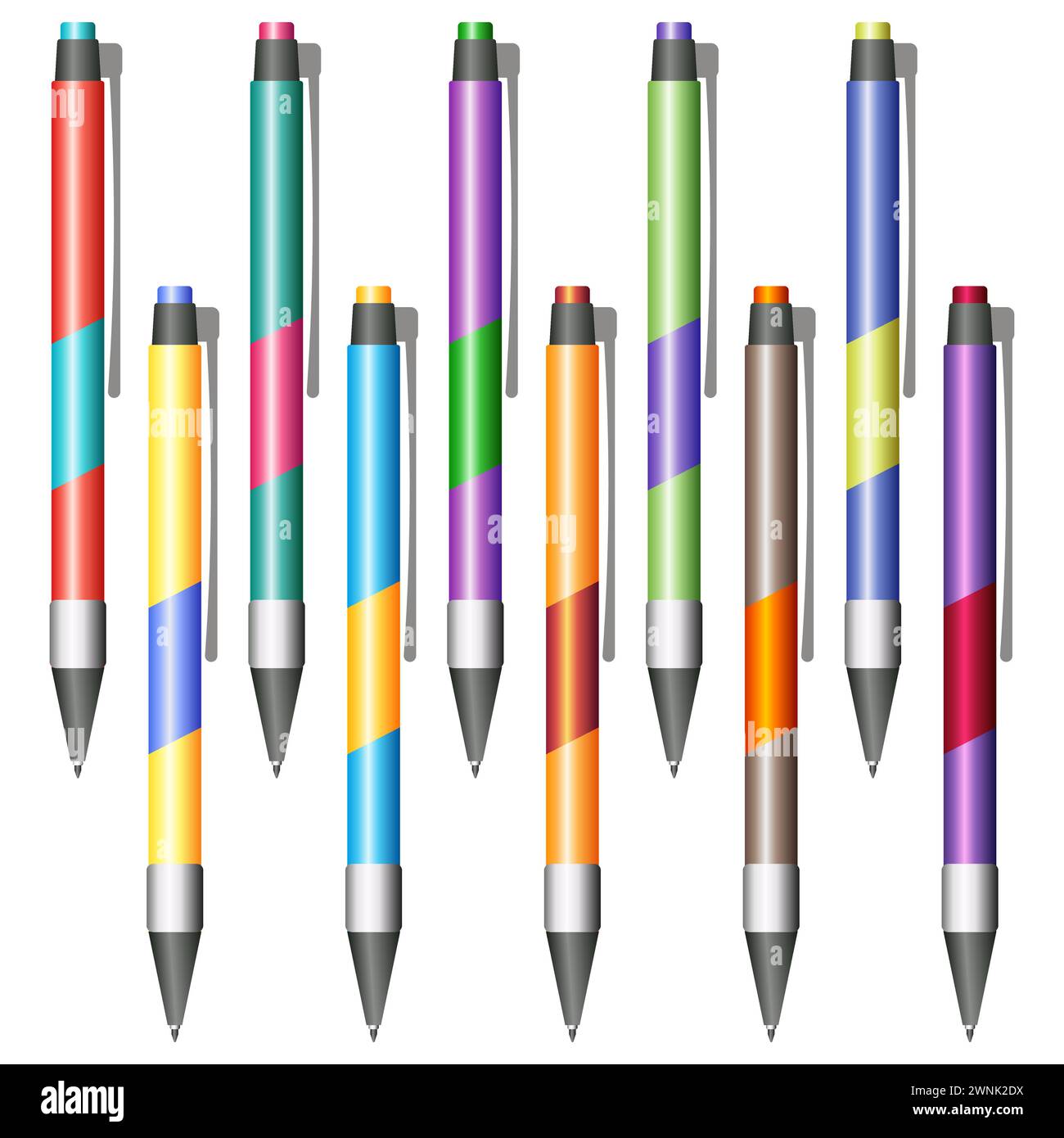 Set di penne multicolore su sfondo bianco Illustrazione Vettoriale