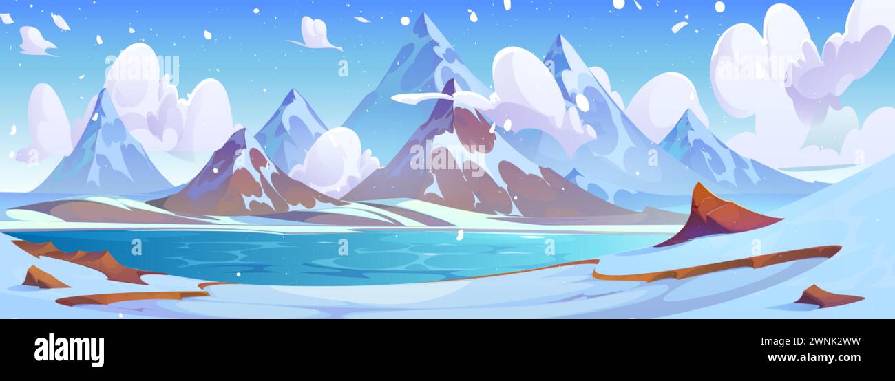 Paesaggio innevato invernale con lago ghiacciato vicino a montagne rocciose, piedi sotto il cielo blu con nuvole. Cartoon vettoriale panoramico tranquillo e freddo scenario con laghetto Illustrazione Vettoriale