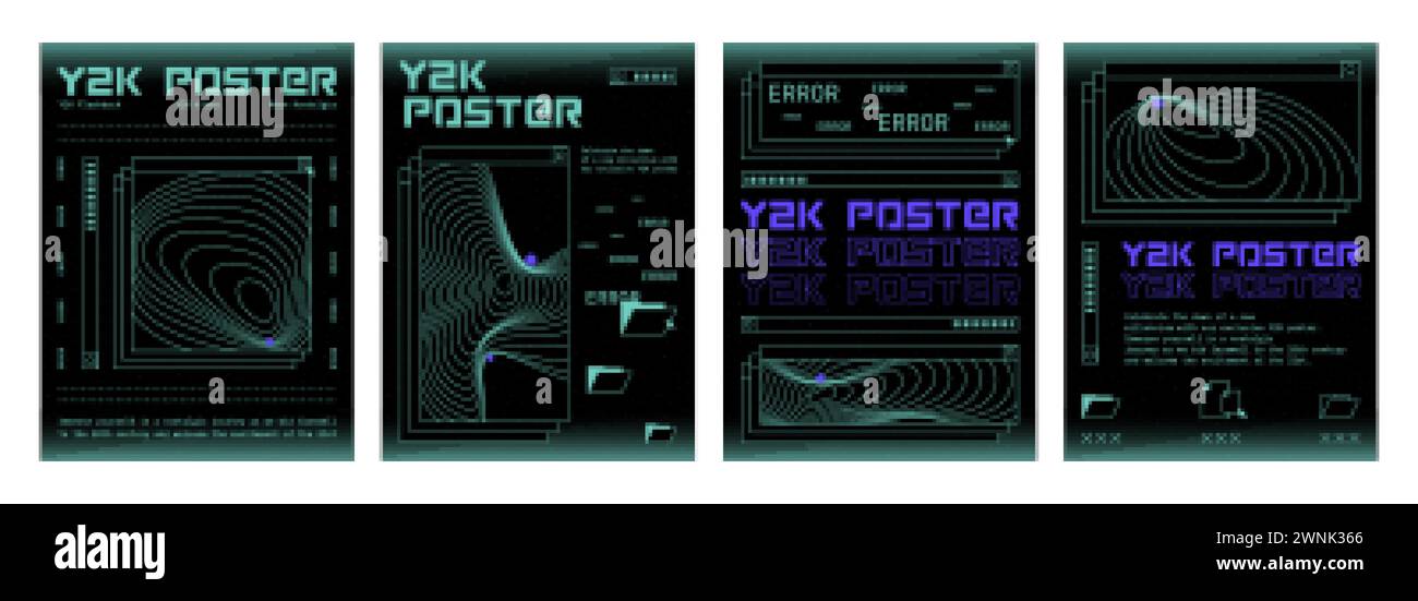 Modello di design per poster estetico retro futuristico y2k con griglia acida motivo geometrico psichedelico ed elementi di testo su sfondo nero. Ciberp vettoriale Illustrazione Vettoriale