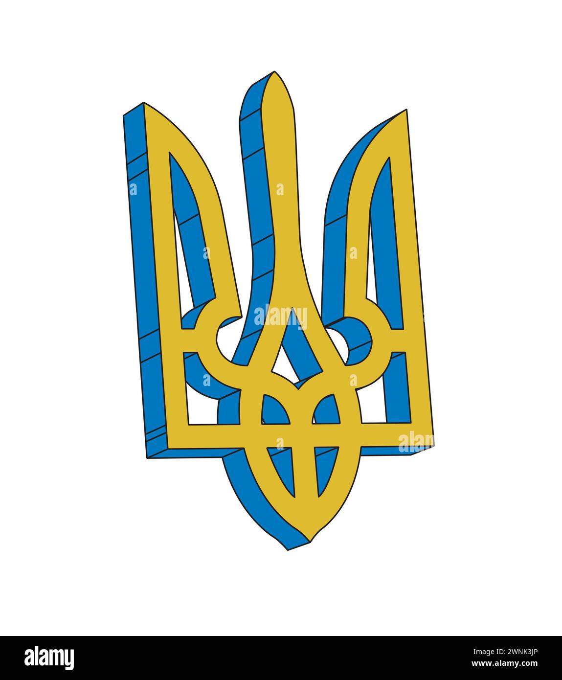 L'icona del tridente dello stemma dell'Ucraina in blu e giallo e 3D. Illustrazione Vettoriale
