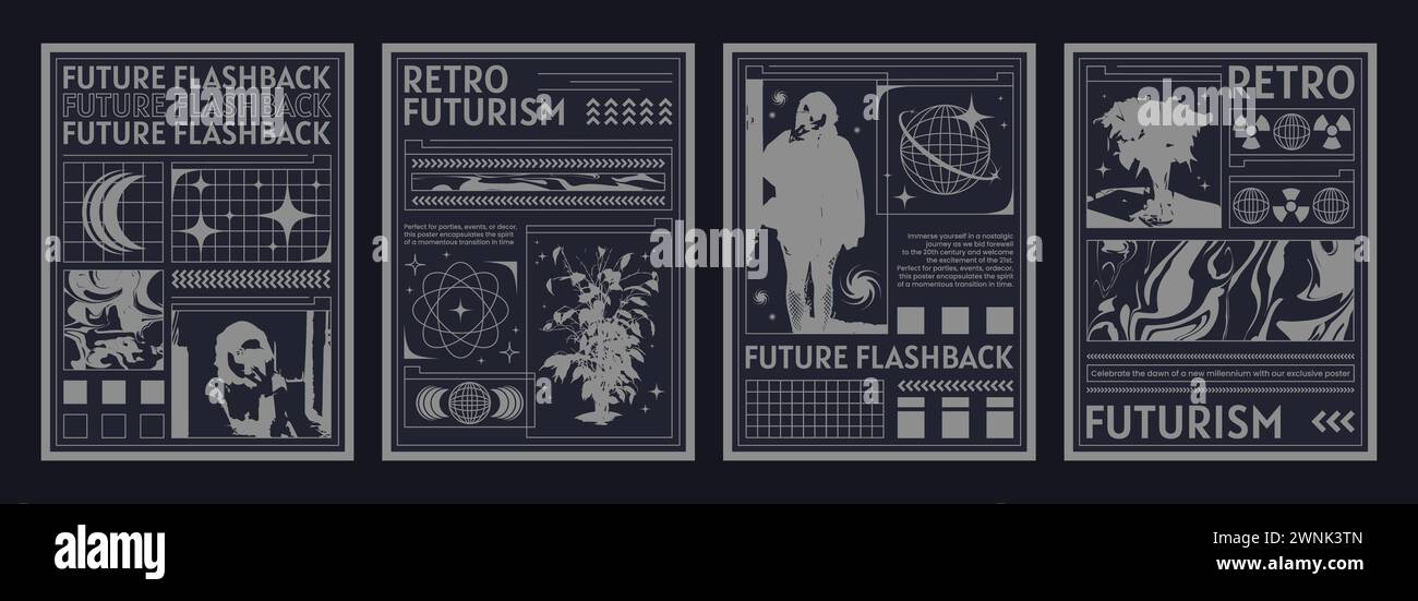 Layout del poster in stile cyberpunk y2k con immagini bitmap ed elementi della griglia su sfondo nero. Set vettoriale di template banner in cyber 2000s aes Illustrazione Vettoriale