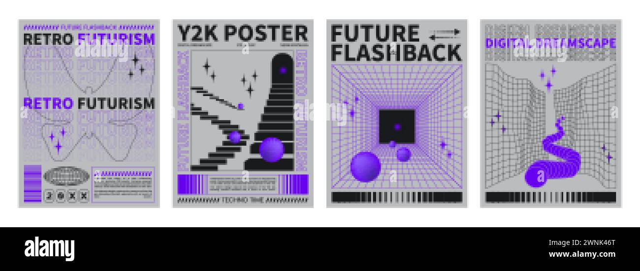 Modello di design per poster in stile y2k alla moda con griglia in prospettiva e oggetti. Set vettoriale di striscioni techno streetwear anni '2000 retrò futuristici con Illustrazione Vettoriale
