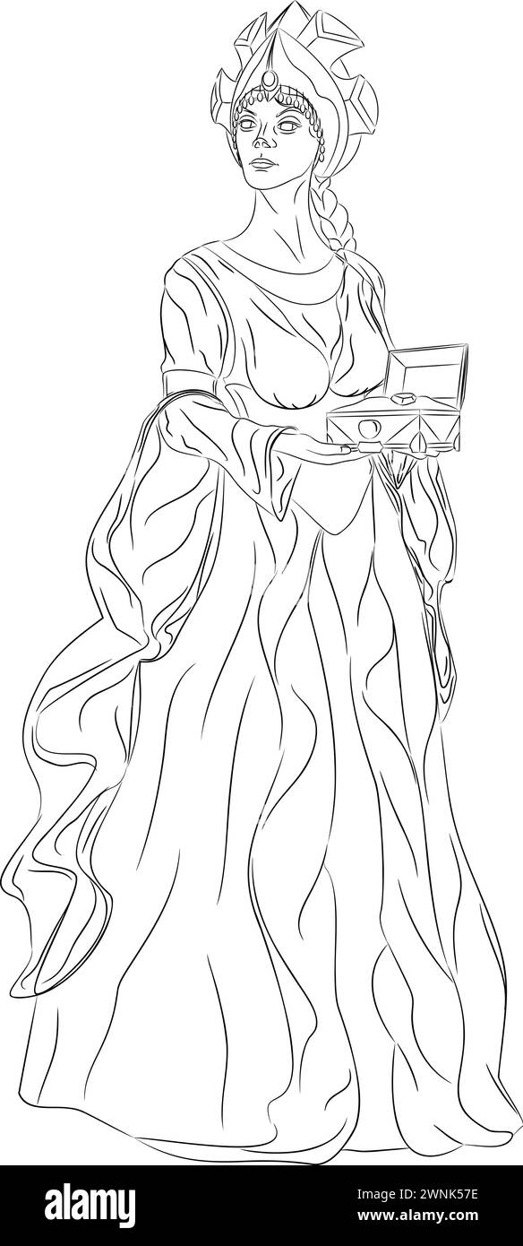 Arte di linea della Mistress of the Copper Mountain con una scatola Malachite. Illustrazione vettoriale di una donna con una corona sulla testa in un vestito verde Illustrazione Vettoriale