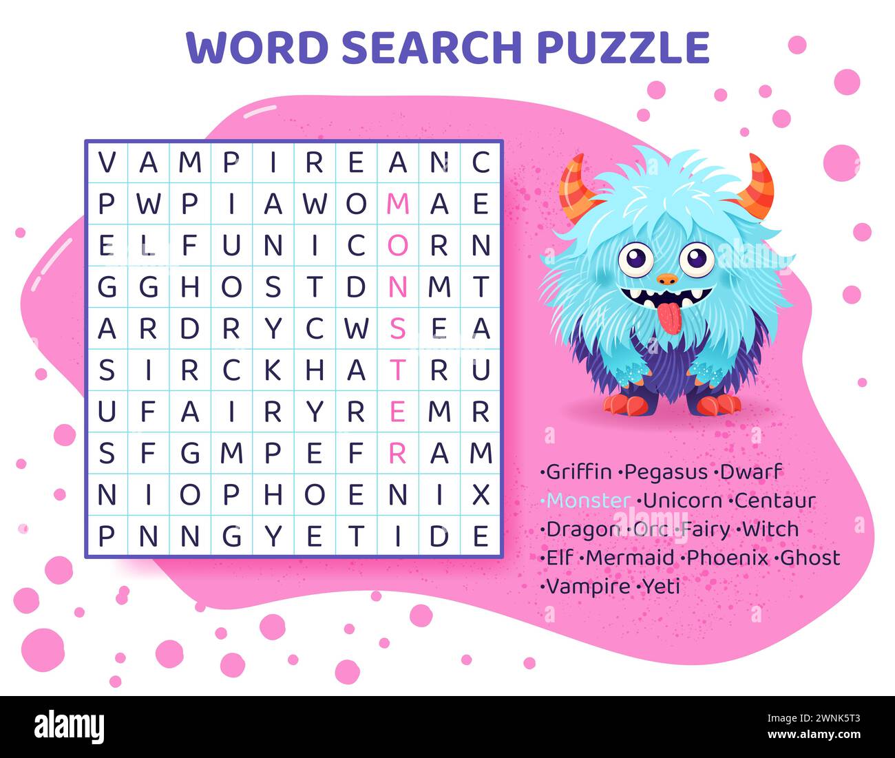 Puzzle di ricerca per parole per bambini con animali mitici. Illustrazione Vettoriale