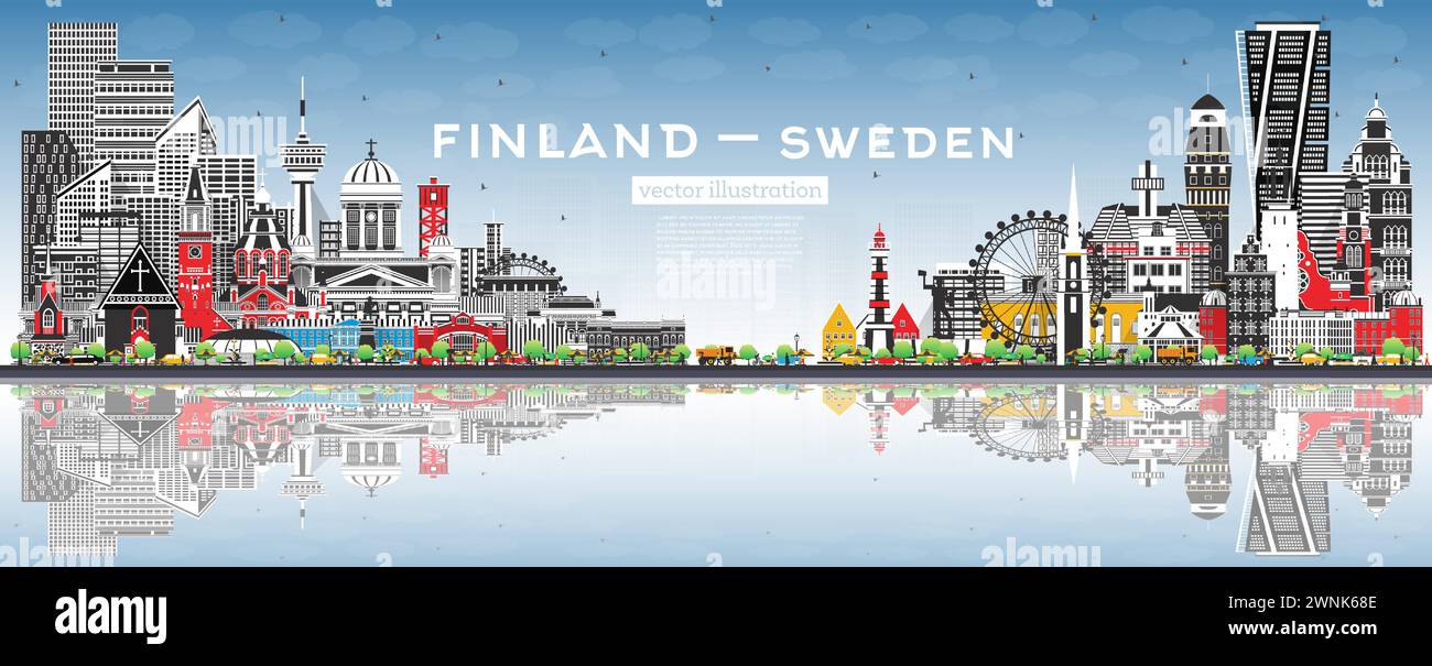 Skyline di Finlandia e Svezia con edifici grigi, cielo blu e riflessi. Luoghi di interesse famosi. Illustrazione vettoriale. Svezia e Finlandia. Diplomati Illustrazione Vettoriale