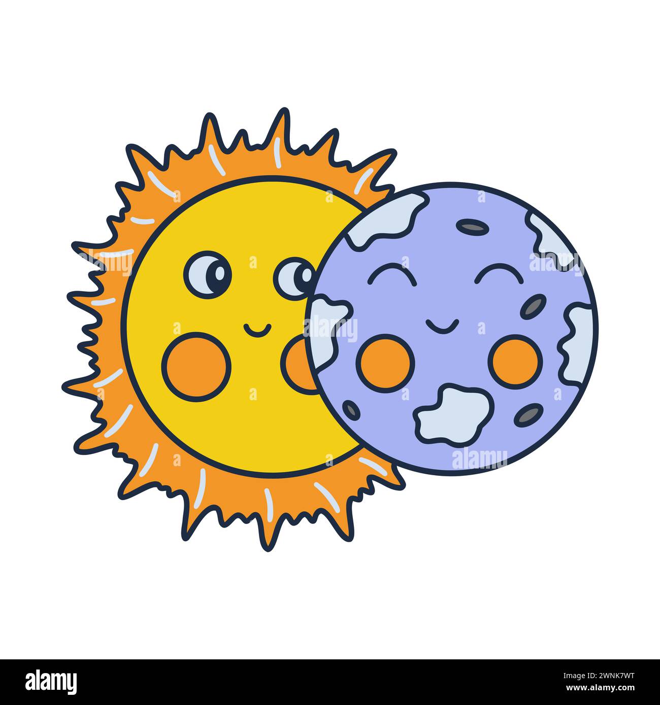Eclissi solare parziale, fase iniziale. Illustrazione vettoriale colorata isolata disegnata a mano. Bel sole e luna sorridenti. Icona o scheda, stampa clip art Illustrazione Vettoriale
