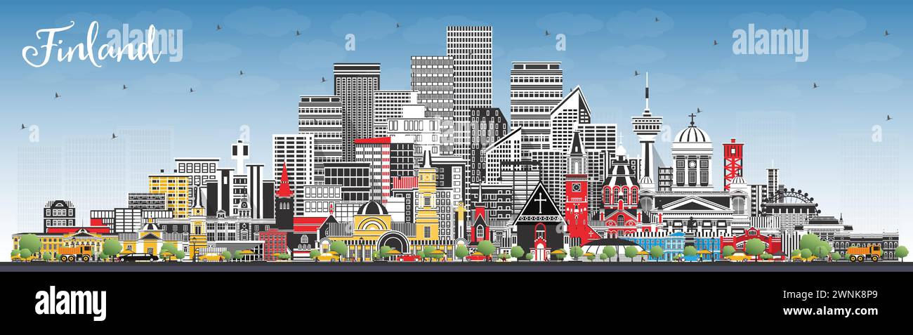 Skyline della città di Finlandia con edifici grigi e cielo blu. Illustrazione vettoriale. Concetto con architettura storica e moderna. Paesaggio urbano finlandese. Illustrazione Vettoriale