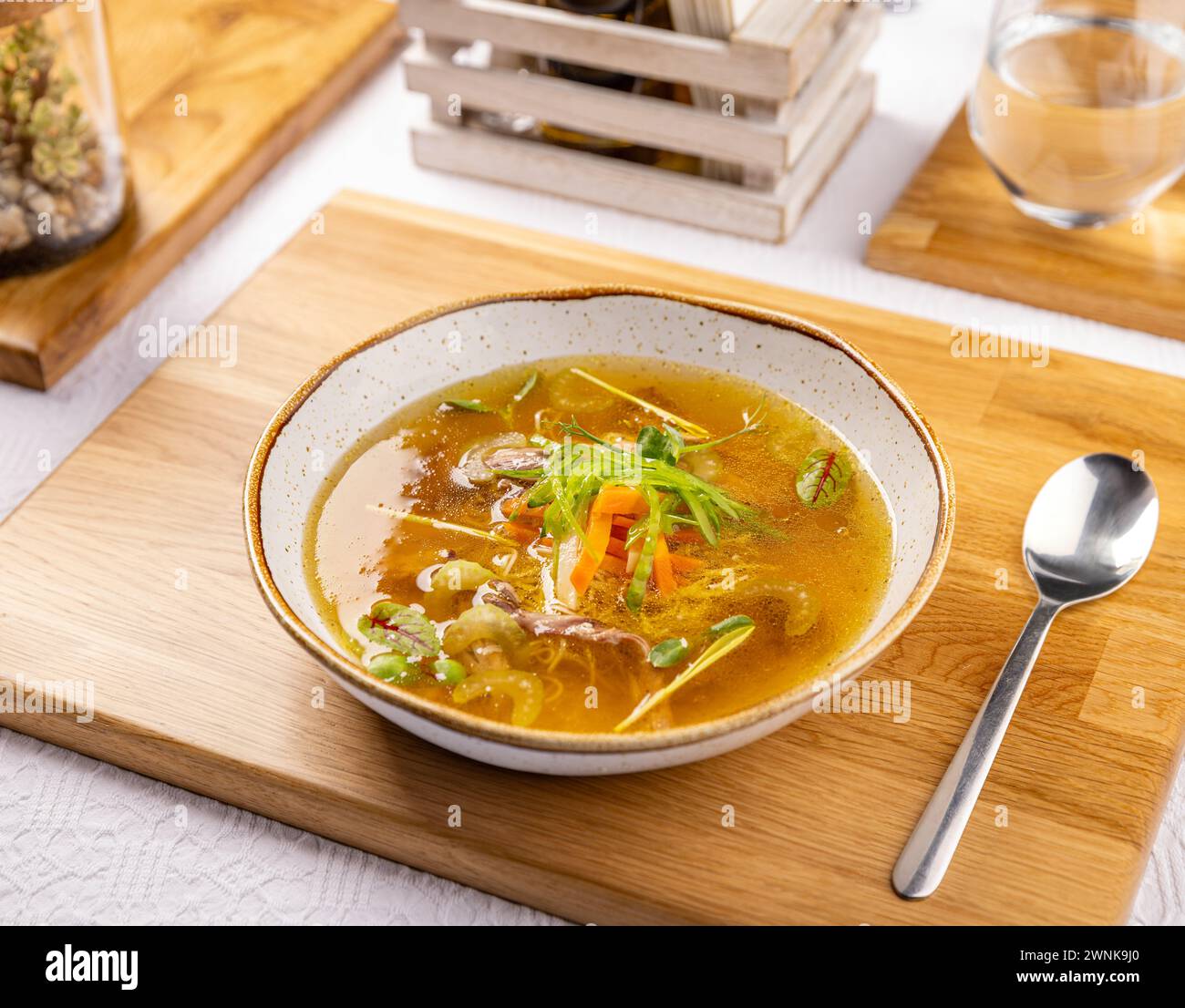 Zuppa di brodo di pollo in stile country con spaghetti, carne e verdure. Foto Stock