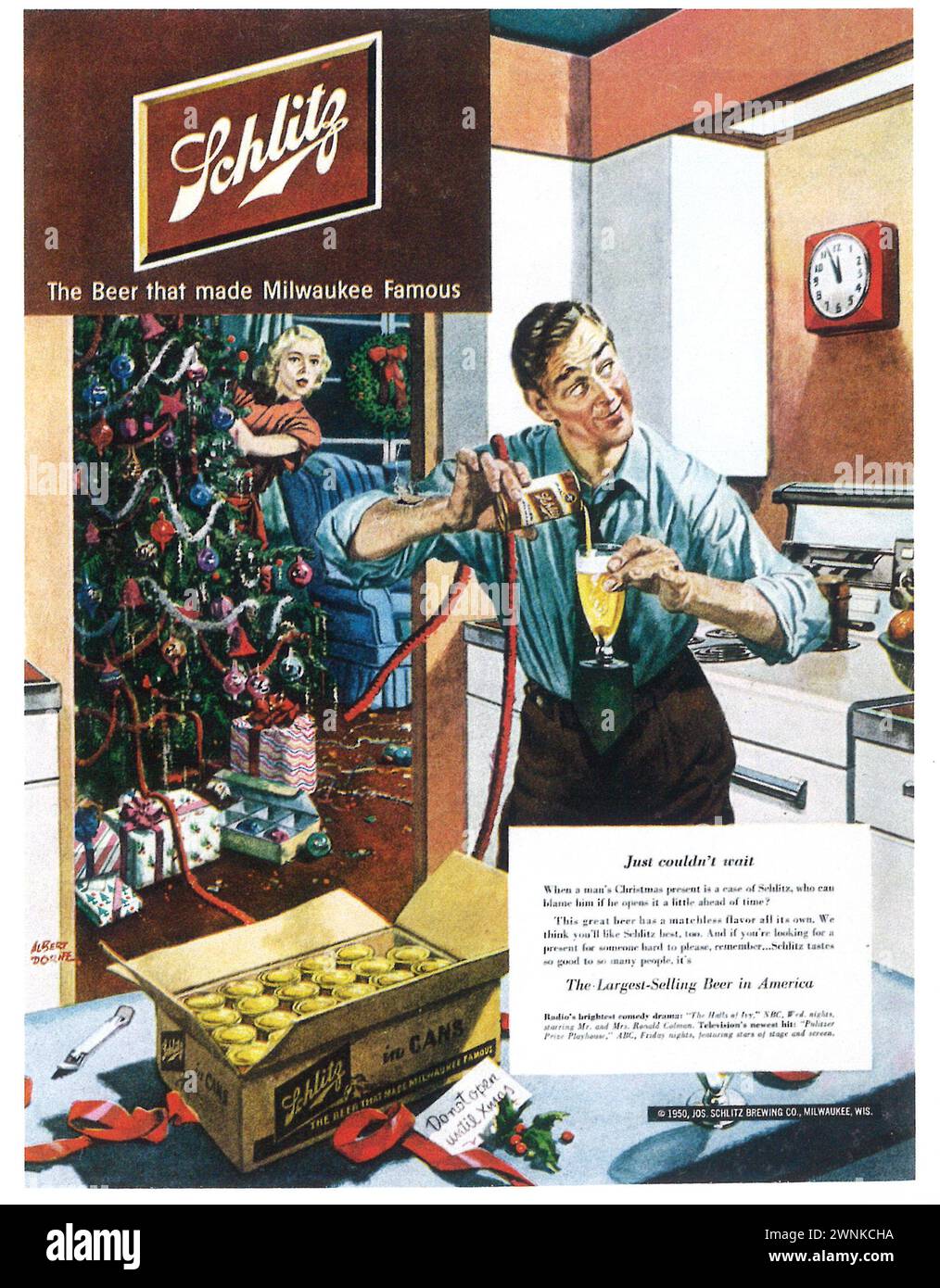1950 pubblicità stampata sulla birra Schlitz. "Non potevo aspettare." Foto Stock