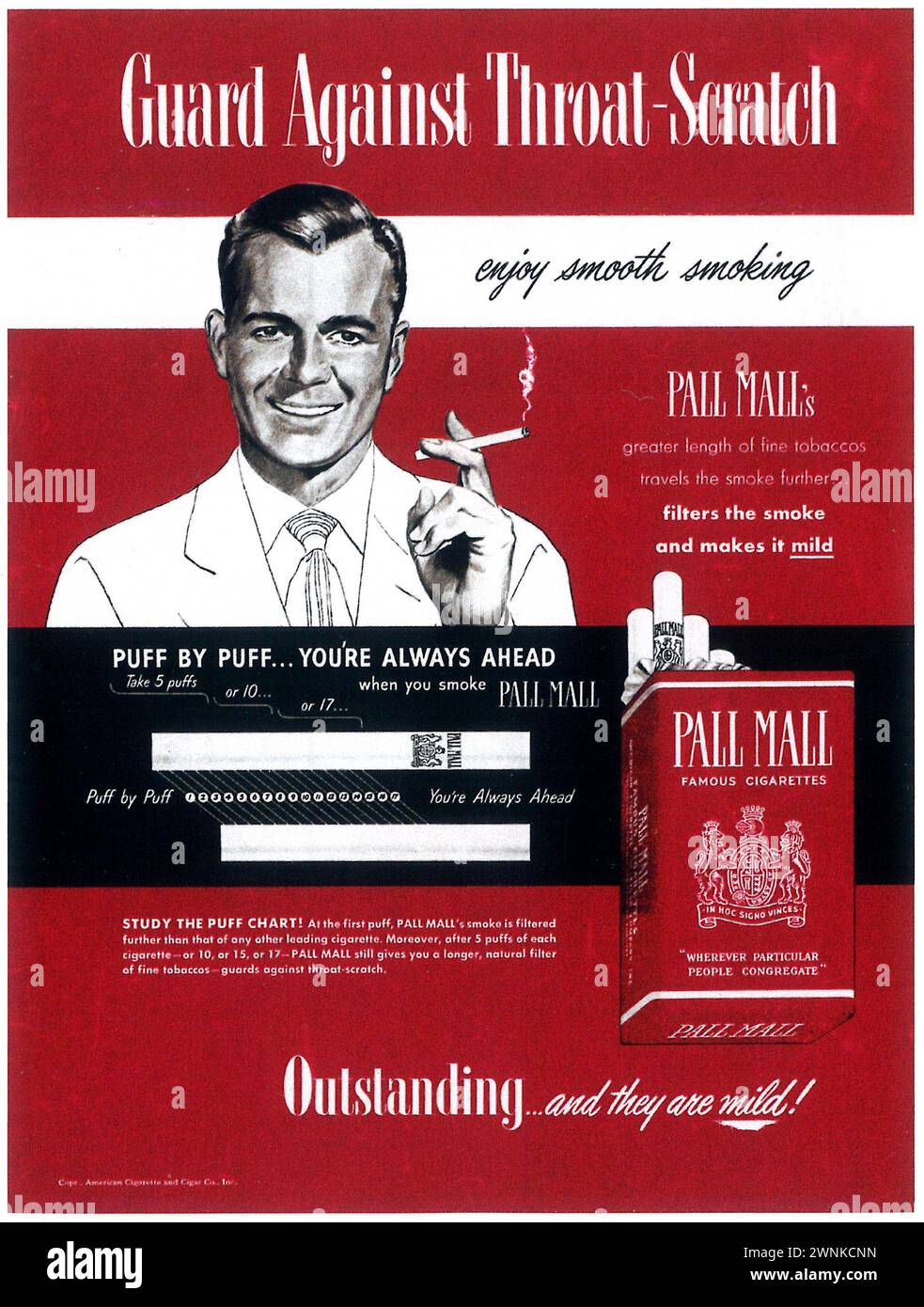 Annuncio pubblicitario a stampa di 1950 sigarette Pall Mall. "Guardia contro i graffi alla gola. Eccezionali e miti. Potrai fumare in tutta comodità." Foto Stock