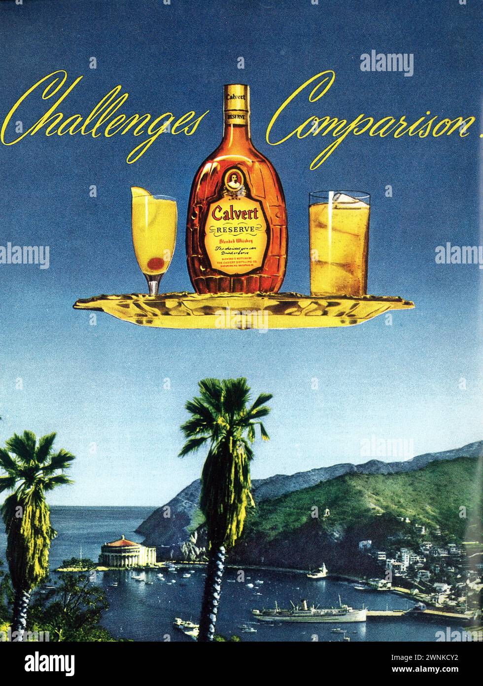 1950 Calvert Reserve Distilleries Blended Whiskey Catalina Island Print ad Foto Stock