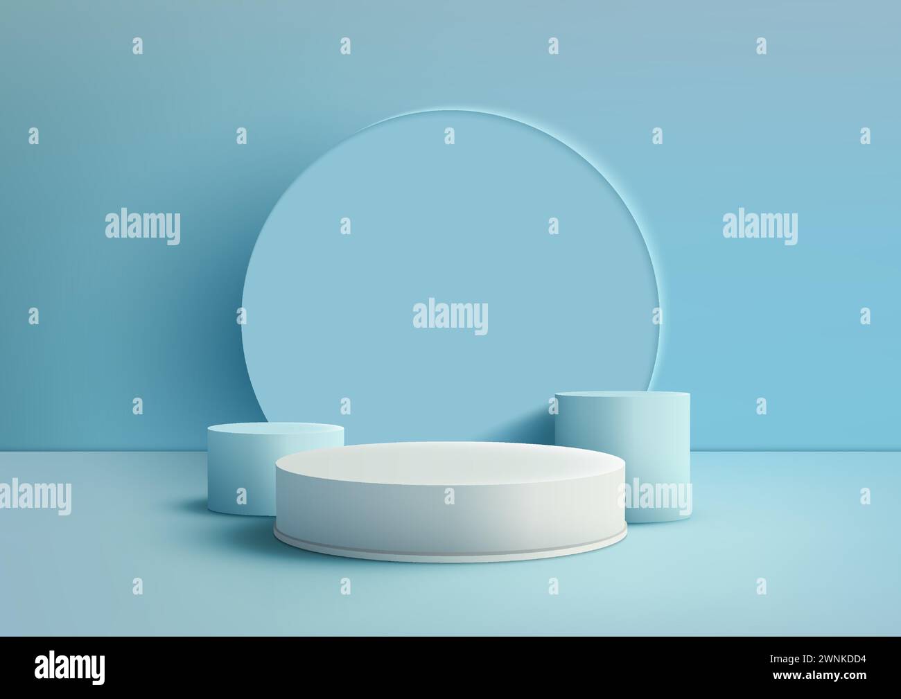 Mockup a podio bianco 3D. Sfondo con cerchi blu ed elementi geometrici su sfondo blu, questo mockup è perfetto per mostrare i prodotti. Illustrazione Vettoriale