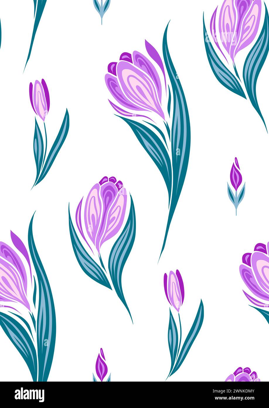 Design della superficie vettoriale con fiori a molla. Motivo decorativo senza cuciture con croci viola su sfondo bianco. Texture floreale per tessuti Illustrazione Vettoriale