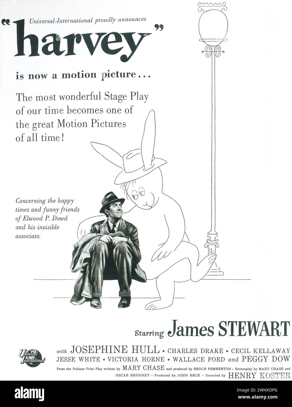 Annuncio promozionale stampato poster Harvey 1950. Film comico-drammatico diretto da Henry Koster, con James Stewart e Josephine Hull, Universal Pictures Foto Stock