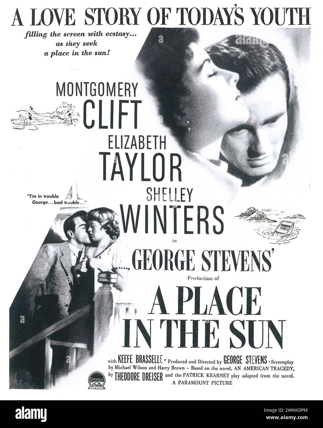 1951 Un posto nella pubblicità a stampa di poster della pellicola Sun. Con Elizabeth Taylor Montgomery Clift, diretto da George Stevens Foto Stock