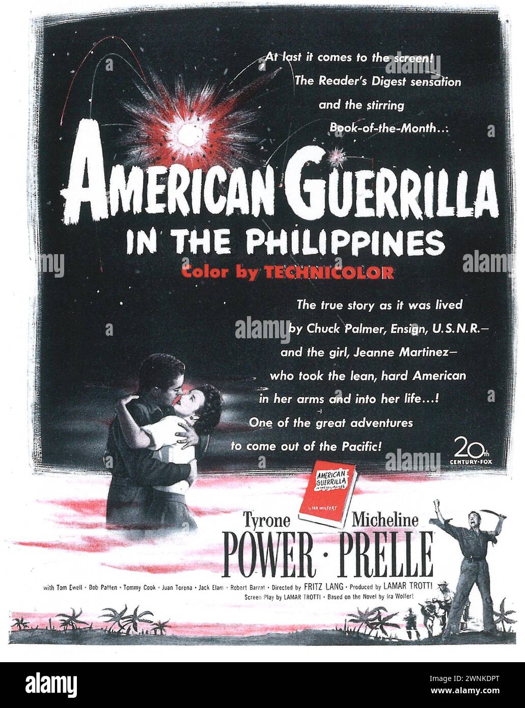 1950 American Guerrilla nelle Filippine, annuncio pubblicitario di poster, diretto da Fritz Lang e interpretato da Tyrone Power Foto Stock