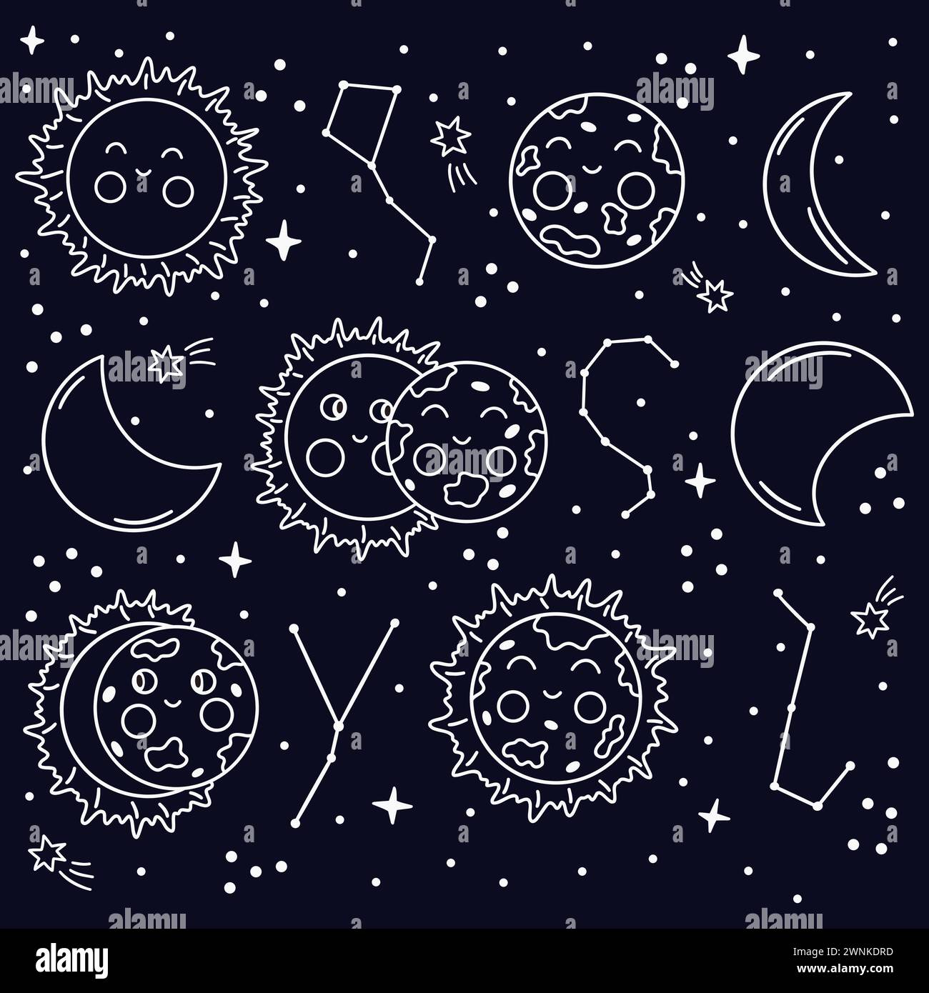 Eclissi solare. Fasi di inizio dell'eclissi solare. Cielo notturno con stelle e costellazioni. Illustrazione vettoriale bianca disegnata a mano su backgrou blu Illustrazione Vettoriale