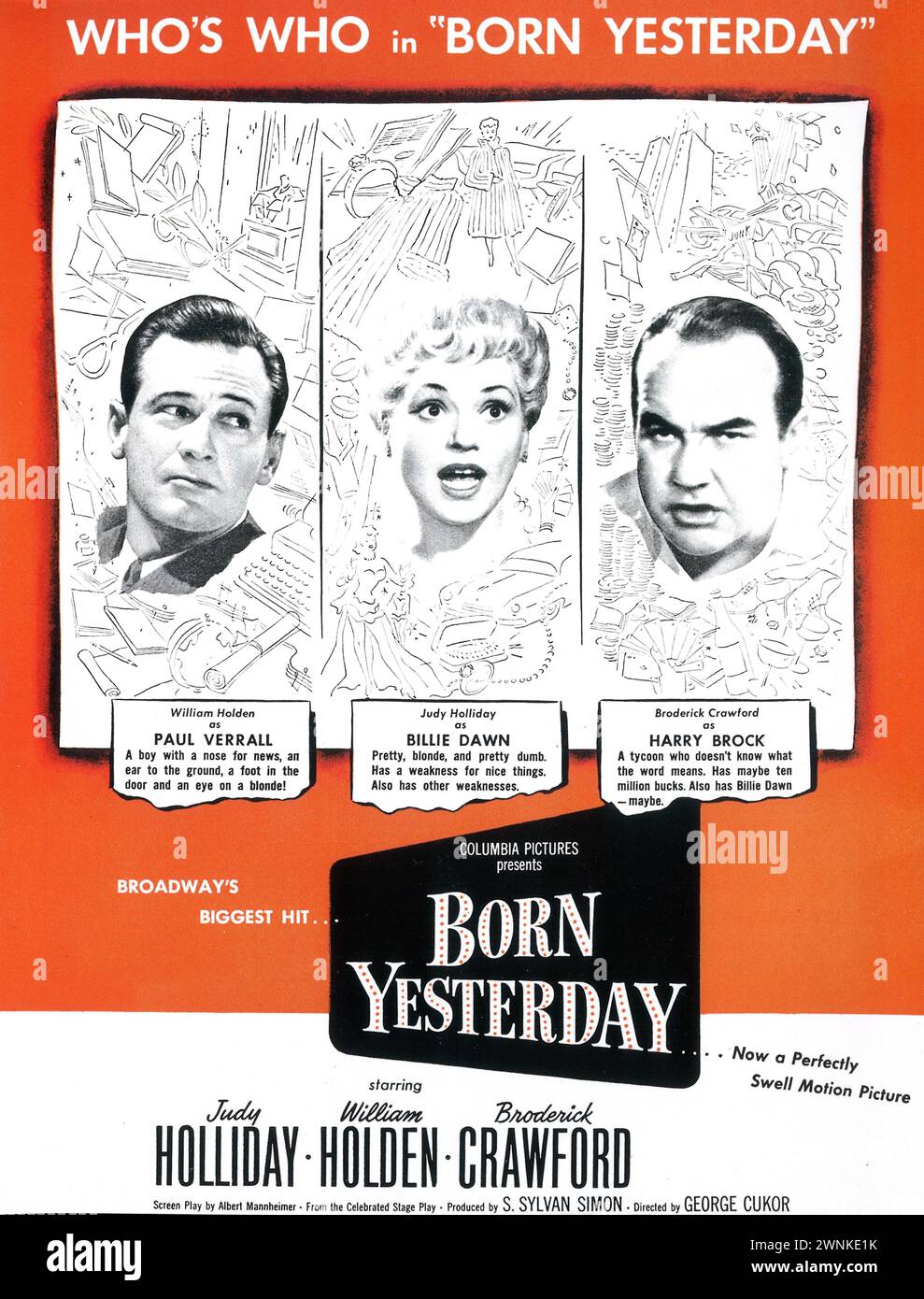 1950 Born Yesterday poster del film, con Judy Holliday, Broderick Crawford, William Holden, diretto da George Cukor, Columbia Pictures Foto Stock