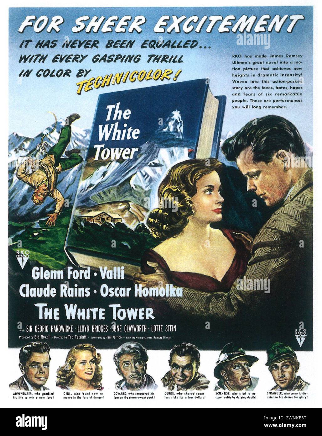 1950 il poster del film White Tower, film d'avventura Technicolor diretto da Ted Tetzlaff e interpretato da Alida Valli e Glenn Ford, RKO Foto Stock