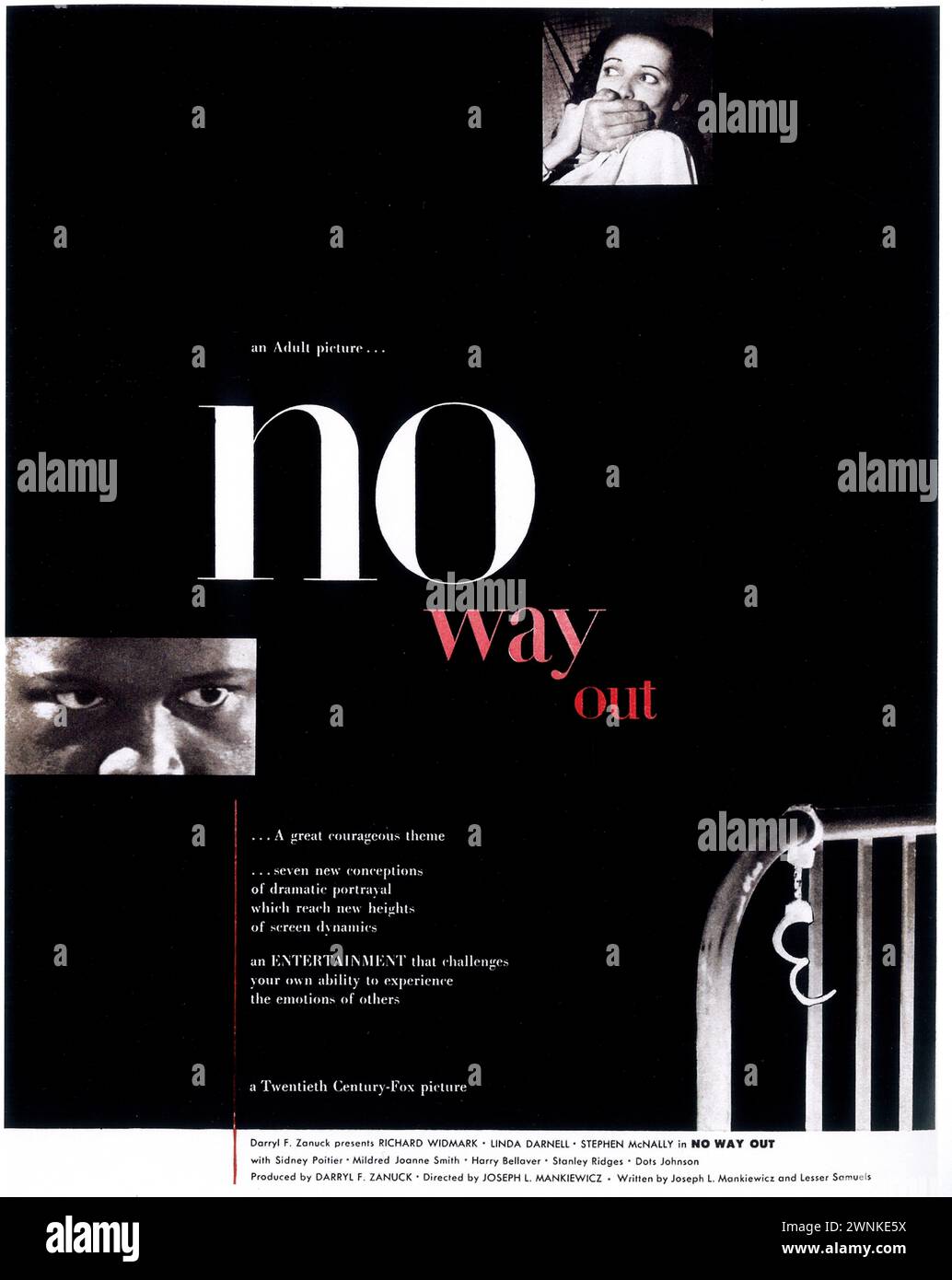 1950 No Way Out film poster, noir / film poliziesco con Sidney Poitier diretto da Joseph L. Mankiewicz, 20th Century Fox Foto Stock