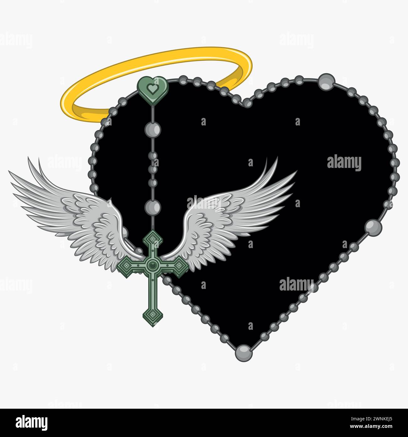 Disegno vettoriale di croce alata con rosario a forma di cuore, rosario a forma di cuore con ali, simbologia della religione cattolica Illustrazione Vettoriale