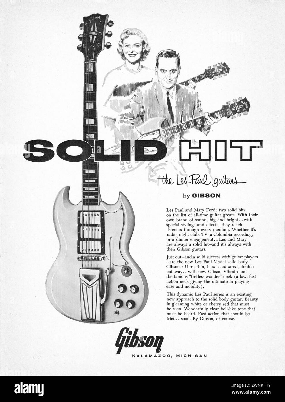 Un annuncio per le chitarre elettriche Gibson modello Les Paul con schizzi di Les e di sua moglie Mary Ford. Da una rivista musicale del 1961. Foto Stock