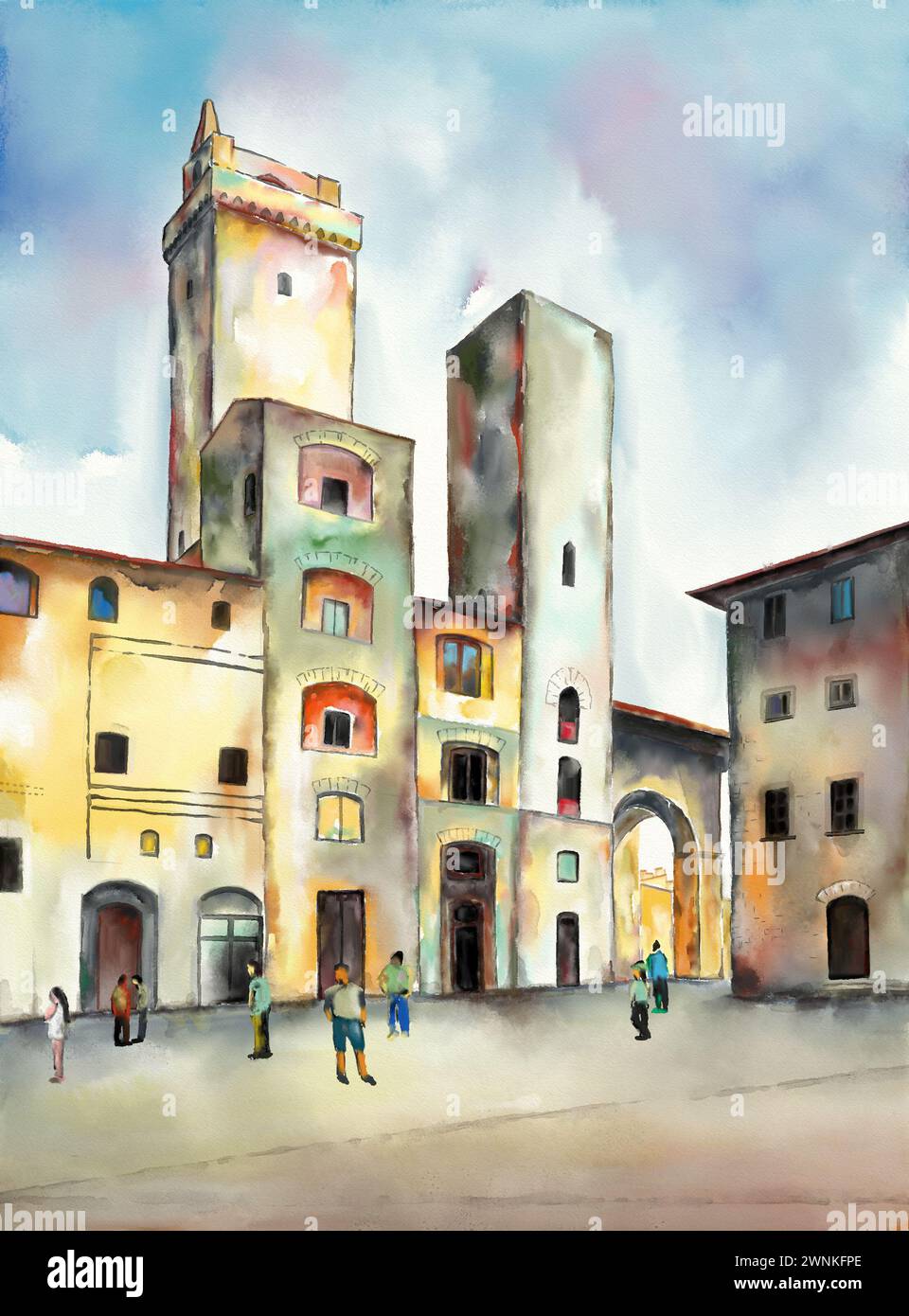 Dipinto ad acquerello originale raffigurante una piazza di San Gimignano in Toscana, Italia. Foto Stock